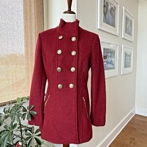 Guess Women's Coat Size M Military Equestrian Wool-Blend Cranberry Boucle Jacket